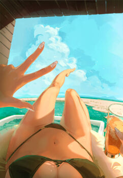 1girl absurdres beach bikini black_bikini breasts cleavage cloud cloudy_sky commentary cup day drink drinking_glass dudrinm female_pov fingernails highres holding holding_drink large_breasts leg_up long_fingernails lying nail_polish navel on_back original outdoors pov pov_hands sky solo string_bikini swimsuit untranslatable_commentary v water wet