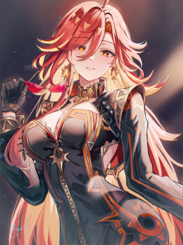 Rule 34 | 1girl, absurdres, biker clothes, bikesuit, black bodysuit, black gloves, black jacket, bodysuit, breasts, cowboy shot, earrings, eric (tianqijiang), genshin impact, gloves, hair between eyes, highres, holding, holding removed eyewear, jacket, jewelry, large breasts, long hair, long sleeves, looking at viewer, mavuika (genshin impact), missing commentary, multicolored hair, orange eyes, orange hair, orange pupils, parted lips, red-tinted eyewear, signature, smile, solo, sunglasses, tinted eyewear, two-tone hair, unworn eyewear, very long hair, zipper pull tab