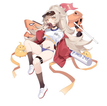 1girl absurdres azur_lane baby_animal baseball_bat bikini bikini_bottom_only bird black_choker black_socks blue_bikini brown_eyes chick choker crop_top crop_top_overhang donut flag food full_body grey_hair gym_uniform highres holding jacket leg_belt long_hair long_sleeves looking_at_viewer manjuu_(azur_lane) midriff mole mole_under_eye name_tag navel off_shoulder official_alternate_costume open_clothes open_jacket ponytail red_jacket revision rigging shibuya_(kurokamishain) shirt shoes simple_background sneakers socks solo stomach swimsuit thighs very_long_hair visor_cap white_background white_shirt white_shoes z46_(azur_lane) z46_(girls'_relay)_(azur_lane)