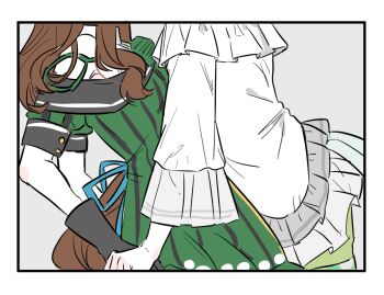 Rule 34 | 2girls, black gloves, brown hair, commentary request, gloves, grey skirt, horse girl, horse tail, king halo (king of emeralds) (umamusume), king halo (umamusume), long sleeves, multiple girls, puffy long sleeves, puffy sleeves, seiun sky (reeling in the big one) (umamusume), seiun sky (umamusume), shirt, skirt, tail, umamusume, unseuking0427, white shirt, yuri