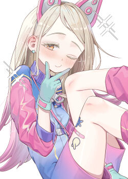 1girl :3 absurdres animal_ear_hairband animal_ears bandaid bandaid_on_leg between_legs blonde_hair blue_jacket blue_shorts blush breasts closed_mouth colored_eyelashes commentary_request earrings fake_animal_ears feet_out_of_frame gakuen_idolmaster gloves gradient_hair gradient_shorts green_gloves hairband hand_between_legs hand_up highres idolmaster jacket jewelry legs_up long_hair looking_at_viewer miracle_na_now!_(idolmaster) multicolored_hair multicolored_jacket noko_(nowako33) one_eye_closed orange_eyes parted_bangs pink_hair pink_jacket pink_shorts shinosawa_hiro shorts simple_background sitting small_breasts solo sticker_on_leg stud_earrings v v_over_mouth white_background zipper
