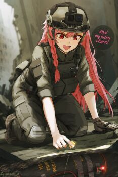 1girl :d action_camera all_fours artist_name bomb booby_trap braid commentary dgkamikaze english_commentary english_text explosive full_body girls'_frontline girls'_frontline_2:_exilium gloves grey_jacket grey_pants helmet highres jacket knee_pads kneeling long_hair military_uniform negev_(girls'_frontline) open_mouth pants pink_hair red_eyes ruins single_glove sleeves_rolled_up smile solo speech_bubble tactical_clothes twitter_username video_camera
