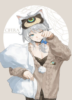 1girl :3 absurdres ahoge animal_ear_fluff animal_ears arm_up black_choker blue_bow blue_eyes bow breasts brown_background brown_sweater cat_ears cat_girl character_name chinese_commentary choker cipher_(honkai:_star_rail) cipher_(sweet_slumber)_(honkai:_star_rail) cleavage collarbone commentary_request cowboy_shot grey_hair hair_bow highres holding holding_pillow honkai:_star_rail honkai_(series) large_breasts long_hair long_sleeves looking_at_viewer mask mask_on_head miaooon one_eye_closed pillow sidelocks simple_background sleep_mask sweat sweater white_background