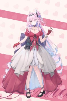 1girl absurdres ahoge bare_shoulders black_shoes blue_hair breasts check_clothing cleavage closed_mouth clothing_request colored_inner_hair commentary denia_(wuthering_waves) dress full_body gloves hand_up high_heels highres large_breasts layered_dress long_hair looking_at_viewer multicolored_hair pink_hair purple_eyes red_gloves shoes smile solo standing wuthering_waves zing_(zingart)