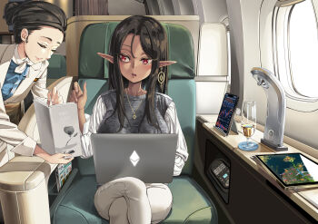 2girls absurdres airplane_interior black_hair champagne_flute closed_eyes computer cott_(miyu) crossed_legs cup dark-skinned_female dark_elf dark_skin drinking_glass earrings elf flight_attendant highres jewelry laptop miyu_(miyu_heuung) multiple_girls necklace open_mouth original pointy_ears red_eyes tablet_pc travel_attendant window