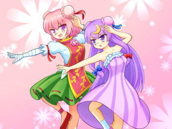 Rule 34 | 2girls, adapted costume, bandaged arm, bandages, bare shoulders, blue bow, bow, bun cover, commentary request, crescent, crescent hair ornament, double bun, dress, fighting stance, flower, green skirt, hair bow, hair bun, hair ornament, ibaraki kasen, leg up, long hair, multiple girls, open mouth, patchouli knowledge, pink background, pink flower, pink hair, pink rose, pink tabard, purple eyes, purple hair, red bow, ribbon-trimmed skirt, ribbon trim, rose, skirt, smile, strapless, strapless dress, striped clothes, striped dress, tabard, touhou, vertical-striped clothes, vertical-striped dress, very long hair, yoruniwa