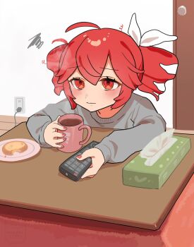 1girl blush bow commentary_request controller cup drill_hair electrical_outlet hair_bow highres holding holding_remote_control indoors kasane_teto kasane_teto_(sv) kotatsu long_sleeves looking_ahead mikazuki123457 mug nail_polish red_eyes red_hair remote_control solo squiggle steam synthesizer_v table tissue_box twin_drills utau