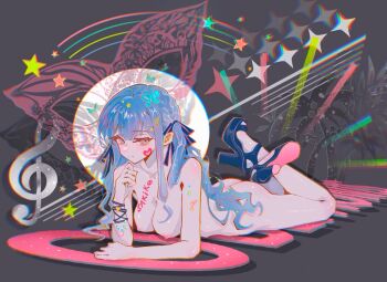 1girl ass bang_dream! bang_dream!_it's_mygo!!!!! black_shoes blue_hair character_name chinese_commentary commentary_request facial_mark grey_background hair_ribbon heart heart_facial_mark highres long_hair lying mulangfang nipples nude on_stomach partial_commentary ribbon shoes sidelocks solo togawa_sakiko yellow_eyes