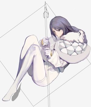 1girl belt black_eyes black_hair blue_belt closed_mouth coat full_body fur fur-trimmed_coat fur_trim gloves high-waist_shorts highres holding holding_polearm holding_weapon jacket knees knees_up legs legs_together looking_at_viewer medium_hair original oversized_clothes pants polearm rope_belt shorts skin_tight solo spear taino_kou tight_clothes tight_pants weapon white_background white_gloves white_jacket white_pants