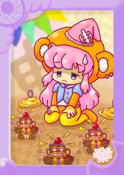 10s 1girl 2016 2023 20s anger_vein angry animal animal_hood annoyed blue_eyes blue_shirt blush chinese_zodiac clenched_teeth cymbals drooling ear_piercing happy_new_year hat heart hood houndstooth instrument jolly_chimp layered_sleeves long_hair long_sleeves looking_at_viewer misukomu_plus monkey monkey_hood music musical_note new_year orange_hood orange_shoes original pants piercing pink_hair pink_hat playing_instrument red_hat red_scarf scarf shirt shoes sitting string_of_flags striped_clothes striped_pants sweatdrop teeth toy year_of_the_monkey yellow_pants zodiac_girl_(misukomu_plus)
