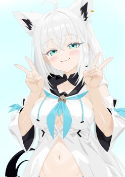 1girl ahoge animal_ear_fluff animal_ear_piercing animal_ears blue_background blue_eyes blush breasts closed_mouth commentary_request crossed_bangs detached_sleeves double_v fox_ears fox_girl fox_tail groin hair_between_eyes hands_up highres hololive hood hood_down hooded_vest hoodie large_breasts long_hair looking_at_viewer navel philip98267134 shirakami_fubuki simple_background smile solo stomach tail upper_body v vest virtual_youtuber white_hair white_vest
