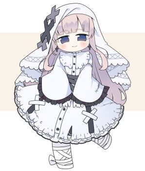 1girl blue_eyes blush brown_background brown_hair chibi closed_mouth commentary_request cross cross_earrings dress earrings frilled_dress frills full_body hikami_meruru jewelry long_hair looking_at_viewer mahou_shoujo_no_majo_saiban miranofuudoria pantyhose shoes smile solo standing standing_on_one_leg two-tone_background veil very_long_hair white_background white_dress white_pantyhose white_shoes