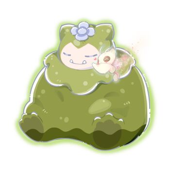 alternate_form antennae celebi closed_eyes closed_mouth fangs flower flower_on_head full_body gen_1_pokemon gen_2_pokemon heart highres hug legendary_pokemon moss mosslax mythical_pokemon nintendo no_humans pokemon pokemon_(creature) pokemon_focus pokemon_pokopia pom_pona sitting sleeping smile snorlax wings