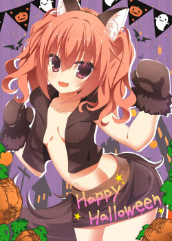 Rule 34 | 1girl, :d, absurdres, animal ear fluff, animal ear hairband, animal ears, breasts, breasts apart, brown mittens, brown skirt, brown vest, collarbone, commentary, covered erect nipples, cowboy shot, eyes visible through hair, fake animal ears, fake tail, fang, film grain, fur-trimmed mittens, fur trim, hair between eyes, hairband, halloween, halloween costume, hands up, happy, happy halloween, highres, inaba meguru, jack-o'-lantern, light blush, long hair, miniskirt, mittens, navel, no bra, official alternate costume, official alternate hairstyle, open clothes, open mouth, open vest, orange hair, pumpkin, purple background, red eyes, sanoba witch, simple background, skin fang, skirt, small breasts, smile, solo, star (symbol), stomach, sukonbu385, tail, twintails, vest, wavy hair, werewolf costume, wolf ears, wolf tail