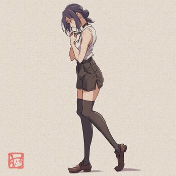 1girl arms_up breasts chainsaw_man choker commentary commentary_request demon demon_girl from_side full_body hair_bun hashtag-only_commentary highres logo looking_down oicchikun paper_texture purple_hair reze_(chainsaw_man) shirt shirt_tucked_in shorts sidelocks sleeveless sleeveless_shirt small_breasts solo standing thighhighs thighs white_shirt zettai_ryouiki