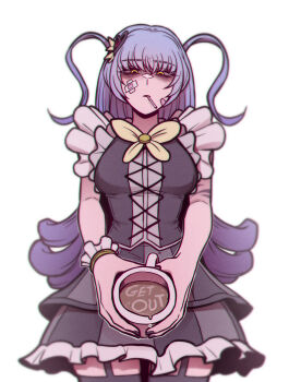1girl bandage_on_face bandages black_shirt black_skirt blue_hair coffee coffee_mug cup english_text frilled_skirt frills glaring highres holding holding_cup lace latte_art layered_skirt lobotomy_corporation lollipop_in_mouth long_hair misg1111 mug multicolored_shirt project_moon queen_of_hatred shirt short_sleeves simple_background skirt solo white_background white_shirt yellow_eyes