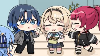 4girls :d :o black_jacket black_pants black_sandals black_shoes blonde_hair blue_eyes blue_hair blue_sailor_collar blue_shirt blue_skirt blurry blurry_background blush_stickers braid chibi closed_eyes collared_shirt depth_of_field gradient_hair grey_jacket hair_over_shoulder hiodoshi_ao hiodoshi_ao_(1st_costume) hololive hololive_dev_is hoshimachi_suisei hoshimachi_suisei_(sailor) houshou_marine houshou_marine_(summer) indoors jacket kazama_iroha kazama_iroha_(school_uniform) long_sleeves low_twintails mochimiko multicolored_hair multiple_girls official_alternate_costume open_clothes open_jacket open_mouth pants pinstripe_jacket pinstripe_pattern pleated_skirt ponytail puffy_long_sleeves puffy_sleeves red_hair sailor_collar sandals school_uniform serafuku shirt shoes short_sleeves side_ponytail skirt smile twin_braids twintails virtual_youtuber white_shirt wooden_floor