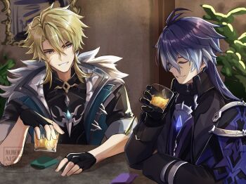 2boys alcohol antenna_hair black_capelet black_coat black_gloves black_jacket blonde_hair blue_eyes blue_hair capelet closed_eyes coat collared_capelet commentary_request crossed_bangs cup facial_scar fingerless_gloves flins_(genshin_impact) fur-trimmed_jacket fur_trim genshin_impact gloves gradient_hair hair_between_eyes hand_up highres holding holding_cup indoors jacket lapels long_hair looking_at_another male_focus medium_hair multicolored_hair multiple_boys necoco112061 parted_bangs parted_lips picture_frame plant purple_shirt scar scar_across_eyebrow scar_on_cheek scar_on_face shirt short_sleeves smile table upper_body varka_(genshin_impact) watermark