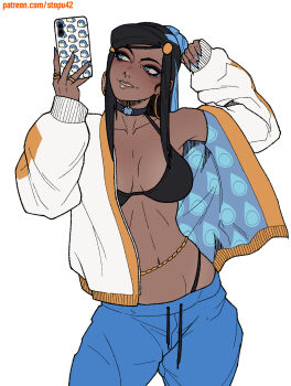 1girl belly_chain black_bra black_hair black_panties blue_choker blue_eyes blue_eyeshadow blue_hair blue_nails blue_pants blush bra breasts cellphone choker collarbone cowboy_shot dark-skinned_female dark_skin earrings eyelashes eyeshadow gen_3_pokemon hands_up highres holding holding_phone hoop_earrings jacket jewelry lips long_hair looking_at_phone makeup medium_breasts multicolored_hair multiple_rings nail_polish navel nessa_(pokemon) nintendo nose open_clothes open_jacket panties pants parted_lips patreon_username phone pokemon pokemon_swsh ring selfie sidelocks simple_background single_bare_shoulder sleeves_past_wrists smartphone smile solo spheal stomach stopu teeth two-tone_hair underwear watermark web_address white_background white_jacket