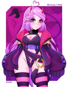 Rule 34 | 1girl, belt around waist, black leotard, breast cutout, breasts, choker, clothing cutout, cowboy shot, demon, demon girl, demon horns, demon tail, gradient hair, heart cheeks, highleg, highleg leotard, highres, horns, jacket, large breasts, leotard, long hair, multicolored hair, navel cutout, original, pink eyes, pink horns, pubic tattoo, purple hair, purple jacket, simple background, strap, striped clothes, striped thighhighs, tail, tattoo, thighhighs, thighs, virmay