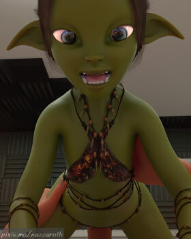 1boy 1girl 3d blue_eyes colored_skin cowgirl_position female_goblin goblin green_skin highres loli looking_at_viewer nazzaroth original pov self-upload smile straddling