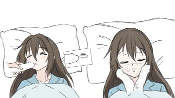 1boy 1girl absurdres bed bed_sheet brown_hair closed_eyes cum cum_in_mouth facejob highres long_hair love_live! love_live!_nijigasaki_high_school_idol_club male_masturbation masturbation osaka_shizuku pajamas penis penis_on_face pillow precum shizuwonderland slapping_with_penis sleep_molestation sleeping