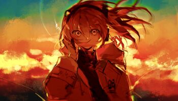 1girl a.i._voice absurdres adachi_rei an_xiang backlighting black_shirt chromatic_aberration cloud floating_hair gloves hand_up hashtag-only_commentary headlamp highres jacket long_sleeves looking_at_viewer netsu_ijou_(utau) open_clothes open_jacket orange_eyes orange_hair outdoors shirt sky solo sunset upper_body utau wind