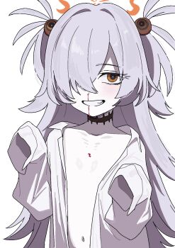 1girl blood blue_archive choker flat_chest grey_hair grin hair_over_one_eye halo highres kanoe_(blue_archive) long_hair mojyo naked_shirt navel nosebleed orange_eyes osame oversized_clothes oversized_shirt pale_skin petite shirt simple_background sleeves_past_fingers sleeves_past_wrists smile solo white_background