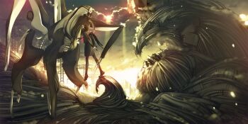 1girl 1other black_hair black_serafuku cable commentary_request full_body fuzuki_fuuro highres long_hair mask monster noh_mask original power_lines school_uniform science_fiction serafuku skirt sky surreal transmission_tower twilight