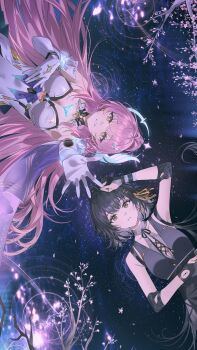 Rule 34 | 2girls, absurdres, aemeath (wuthering waves), bare shoulders, black dress, black gloves, black hair, breasts, cleavage, commentary request, covered navel, dress, elbow gloves, female rover (wuthering waves), gloves, hair ornament, highres, large breasts, leotard, long hair, looking at viewer, lying, mandaring0, multiple girls, parted lips, partially fingerless gloves, pink hair, reach-around, rover (wuthering waves), sleeveless, smile, tacet mark (wuthering waves), white gloves, white leotard, wuthering waves, yellow eyes