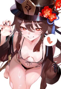Rule 34 | 1girl, absurdres, alternate costume, bikini, breasts, brown hair, flower, genshin impact, hat, hat flower, heart, highres, hu tao (genshin impact), looking at viewer, red eyes, small breasts, smile, solo, speech bubble, spoken heart, suujiniku, swimsuit, symbol-shaped pupils