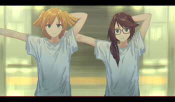 2girls arms_up black-framed_eyewear blonde_hair closed_mouth commentary daiba_nana expressionless glasses green_eyes hair_over_shoulder highres hoshimi_junna looking_at_viewer low_side_ponytail multiple_girls purple_hair shirt short_hair shoujo_kageki_revue_starlight sketch_background stretching t-shirt twintails upper_body white_shirt yukitake_(bullfalk)