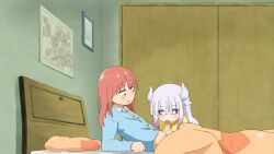1futa 1girl age_difference animated arm_rest bed bed_sheet bedroom blanket blue_eyes blush censored dragon_girl dragon_horns fellatio futa_with_female futanari horns indoors interior kanna_kamui kobayashi-san_chi_no_maidragon kobayashi_(maidragon) loli long_hair long_sleeves looping_animation medium_hair mosaic_censoring multicolored_hair on_bed oral paid_reward_available pajamas penis pillow purple_hair red_hair sadieyule shirt short_sleeves two-tone_hair video white_horns