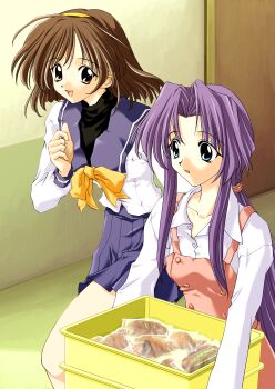 absurdres apron blue_eyes bow bowtie bread brown_hair food hair_tie hairband highres imasaka_yue kirishima_koyomi memories_off memories_off_1 non-web_source official_art open_mouth pink_apron purple_hair sailor school_uniform shirt short_hair smile turtleneck white_shirt yellow_bow yellow_bowtie yellow_hairband