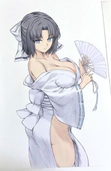 1girl ass blue_eyes bow breasts cleavage closed_mouth collarbone colorized commentary_request curtained_hair folding graphite_(medium) grey_hair greyscale hand_fan highres holding holding_fan huge_breasts japanese_clothes kimono kintonsk large_breasts looking_at_viewer low_neckline medium_hair monochrome ribbon-trimmed_kimono ribbon_trim seishun_dendeke senran_kagura serious solo standing third-party_edit traditional_media wide_sleeves yumi_(senran_kagura)