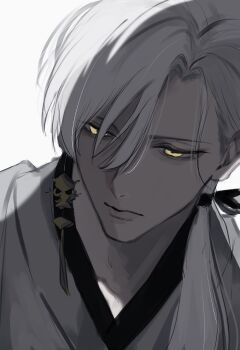 1boy bishounen closed_mouth commentary earrings fox_mask_(silent_hill) highres japanese_clothes jewelry kimono lips long_hair looking_down male_focus parted_hair piercing side_ponytail silent_hill_(series) silent_hill_f simple_background single_earring solo symbol-only_commentary upper_body v-neck white_background white_hair white_kimono wu_yuuri yellow_eyes