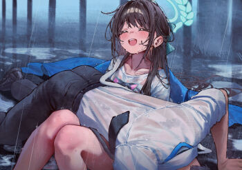 1boy 1girl ^_^ accident airi_(band)_(blue_archive) airi_(blue_archive) aqua_halo betabeet black_necktie black_pants black_shoes blue_archive brown_hair closed_eyes collarbone commentary fallen_down hair_intakes halo happy heart highres lanyard necktie official_alternate_costume on_floor open_mouth outdoors pants rain see-through_clothes see-through_shirt sensei_(blue_archive) shirt shoes sleeves_rolled_up smile teeth upper_teeth_only wet wet_clothes wet_shirt white_shirt