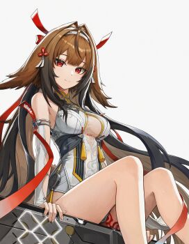 1girl absurdres animal_ears bare_shoulders breasts brown_hair china_dress chinese_clothes closed_mouth commentary dress droopy_ears english_commentary fox_ears fox_girl hair_intakes hair_ornament hairband highres long_hair looking_at_viewer medium_breasts moonui red_eyes see-through_cleavage see-through_clothes simple_background sitting smile solo tail very_long_hair white_background white_hairband ye_shunguang zenless_zone_zero