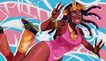 1boy arizuume arm_tattoo armlet bracelet breasts collared_leotard commentary covered_navel dark-skinned_female dark_skin dragona_joestar dreadlocks earrings fingernails flower green_eyes green_nails hair_ornament head_wreath highres hoop_earrings jewelry jojo_no_kimyou_na_bouken leotard long_hair looking_at_viewer loose_socks makeup male_focus nail_polish orange_socks pink_leotard purple_hair shoes shoulder_tattoo smile socks solo star_(symbol) tattoo the_jojolands transgender_flag v yellow_socks