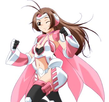 1girl ;) antenna_hair armor brown_eyes brown_hair cape choker clenched_hands game_cg gan-chan_(artist) gloves hitozuma_sentai_aisaiger large_variant_set long_hair magical_girl midriff navel non-web_source official_art one_eye_closed ousaka_hikari pink_cape ribbon_choker saiger_cherry smile solo thighhighs transparent_background variant_set