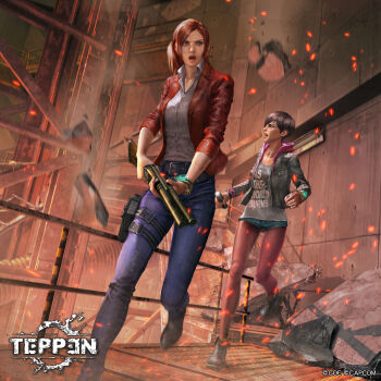 belt black_hair black_shoes blue_pants bracelet breasts brown_hair capcom character_request claire_redfield clothes_writing copyright_logo copyright_name copyright_notice cropped_jacket debris denim denim_shorts drawstring dutch_angle earrings fleeing foot_up_heel_up gold_bracelet green_eyes grey_jacket grey_shirt gun highres holding holding_gun holding_weapon holster hood hood_down indoors jacket jewelry lapels light_particles logo medium_breasts medium_hair micro_shorts multicolored_jacket nose official_art open_collar open_mouth pants pantyhose pink_hood pocket ponytail profile red_jacket red_lips red_pantyhose running scaffolding serious shirt shoes shorts shotgun sleeves_rolled_up small_breasts standing standing_on_one_leg stud_earrings teppen thigh_holster tile_wall tiles two-tone_jacket v-shaped_eyebrows weapon white_shirt wing_collar yu_cheng_hong