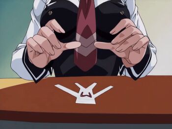 00s 1girl 2002 animated animated_gif bible_black bible_black_gaiden bow bowtie breasts chanting classroom closed_eyes desk large_breasts long_hair necktie red_hair ritual school school_desk school_uniform shikigami shirt solo suspenders tagme takashiro_hiroko white_shirt