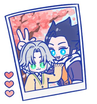 Rule 34 | 105zz, 2boys, :3, bandaid, bandaid on cheek, bandaid on face, black hair, black jacket, blue eyes, border, cardigan, cherry blossoms, closed mouth, collared shirt, final fantasy, final fantasy vii, final fantasy vii: ever crisis, green eyes, grey hair, hair slicked back, hand on another's chin, hood, hooded jacket, jacket, male focus, medium hair, multiple boys, open mouth, orange shirt, parted bangs, polaroid photo, sephiroth, sephiroth (ever crisis), shirt, short hair, smile, upper body, v, white border, white shirt, yellow cardigan, zack fair