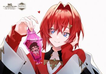 Rule 34 | 1girl, ange katrina, ange katrina (1st costume), beard, belmond banderas, blue eyes, bottle, brown hair, cardigan, character doll, character name, chinstrap beard, closed mouth, crossed bangs, doll, facial hair, formal clothes, gradient eyes, hair between eyes, hair intakes, hair ornament, hand on own head, hands up, hashtag-only commentary, head rest, heart, holding, holding bottle, immersed, in bottle, in container, kokutan kiseru, looking at object, multicolored eyes, nijisanji, off shoulder, pink eyes, portrait, red cardigan, red hair, short hair, simple background, sleeves past wrists, smile, solo, stuffed toy, suit, triangle hair ornament, twitter username, virtual youtuber, white background, white suit