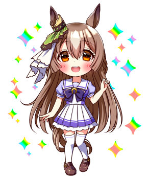 1girl animal_ears blush bow bowtie braid breasts brown_eyes brown_hair chibi chibi_only commentary_request double-parted_bangs ear_ornament full_body hair_between_eyes half_up_braid highres horse_ears horse_girl horse_tail large_breasts long_hair looking_at_viewer multicolored_hair open_mouth pleated_skirt puffy_short_sleeves puffy_sleeves purple_bow purple_bowtie purple_shirt sailor_collar sailor_shirt satono_diamond_(umamusume) school_uniform shirt shoes short_sleeves skirt smile solo streaked_hair sugimotty_nova tail teeth thighhighs tracen_school_uniform umamusume upper_teeth_only very_long_hair white_sailor_collar white_skirt white_thighhighs zettai_ryouiki