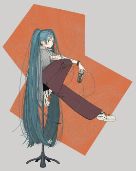 1girl :o alternate_costume aqua_hair baggy_pants bar_stool blue_eyes blush breasts brown_pants can chair collared_shirt commentary dress_shirt from_side full_body grey_shirt hashimochi hatsune_miku highres holding holding_can knee_up long_hair looking_ahead on_chair pants shirt shirt_on_shoulders shoes sidelocks simple_background solo stool very_long_hair vocaloid watch white_shoes wristwatch