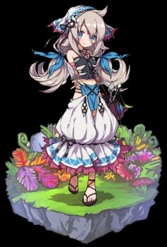 1girl ahoge arms_behind_back bag black_background black_shirt blue_eyes breasts brown_sandals closed_mouth facepaint full_body grass grey_hair hair_between_eyes headscarf highres holding holding_knife ivy kifala_(merc_storia) knife leaf low_twintails medium_breasts merc_storia merc_storia_art_team navel official_art pants pelvic_curtain sandals shirt sidelocks simple_background sleeveless sleeveless_shirt smile solo standing tachi-e twintails white_pants