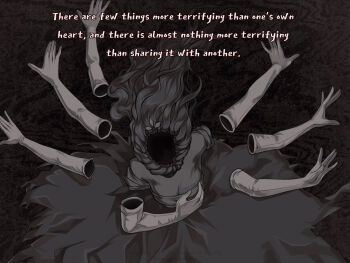 Rule 34 | 1girl, artist name, bowing, breasts, cleavage, dark background, english text, extra arms, greyscale, highres, invisible, long hair, monochrome, princess (slay the princess), severed limb, slay the princess, solo, the moment of clarity (slay the princess), watermark, zavtrakturista