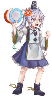 Rule 34 | 1girl, anger vein, blue boots, blue eyes, blue hair, blue hat, blue skirt, boots, clenched hand, commentary, frilled skirt, frills, frown, full body, hat, highres, holding, japanese clothes, kariginu, mononobe no futo, nek0magur0, open mouth, pom pom (clothes), ponytail, ribbon-trimmed sleeves, ribbon trim, simple background, skirt, solo, tate eboshi, teeth, touhou, upper teeth only, white background