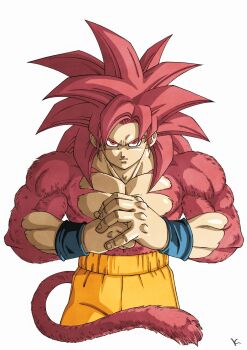 Rule 34 | 1boy, dragon ball, dragon ball daima, highres, kakeru (dbskakeru), looking at viewer, monkey boy, monkey tail, orange pants, pants, red eyes, red fur, red hair, red tail, simple background, son goku, spiked hair, super saiyan, super saiyan 4, tail, toriyama akira (style), white background